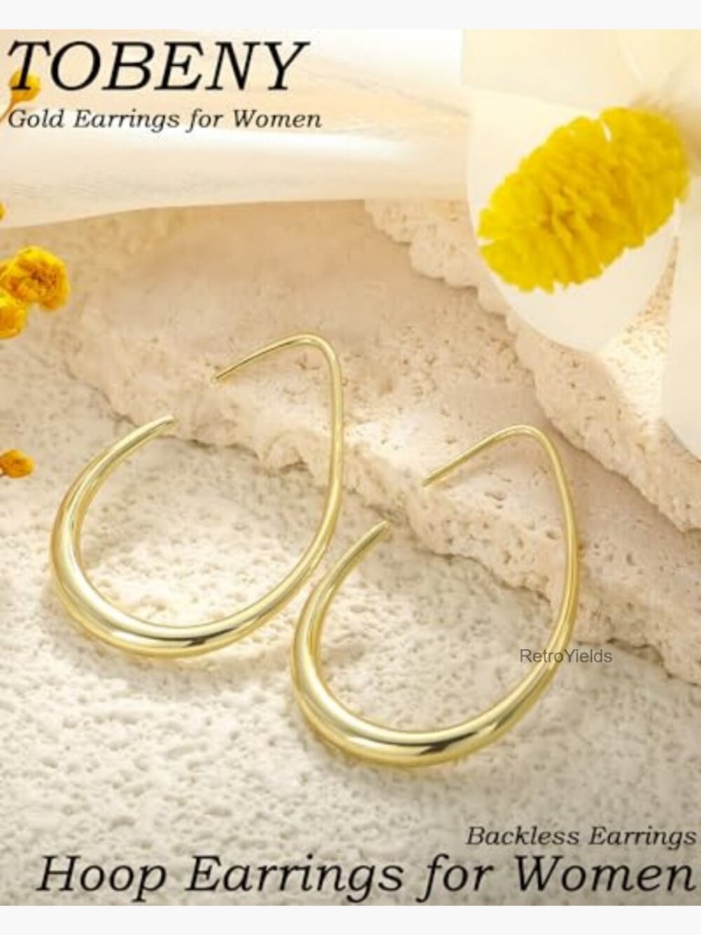 Teardrop Hoop Earrings 14K Gold Plated Oval Pull Through Hypoallergenic - Picture 2 of 7